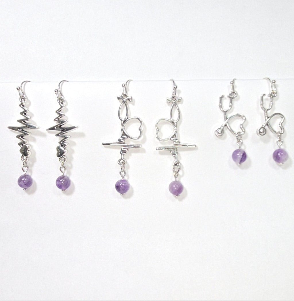 Nurse's Gift. Healthcare Professionals:  Amethyst Dangling Earrings. Heartbeat  EKG, Stethoscope