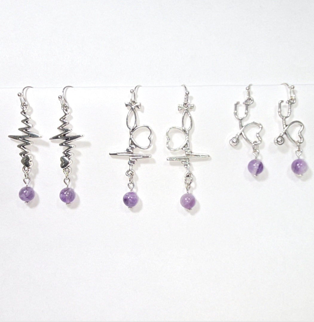 Nurse's Gift. Healthcare Professionals:  Amethyst Dangling Earrings. Heartbeat  EKG, Stethoscope