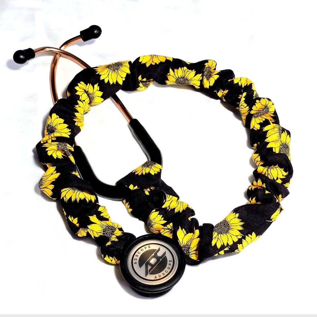 Sunflower Print Stethoscope Cover Scrunchie - Black & Yellow