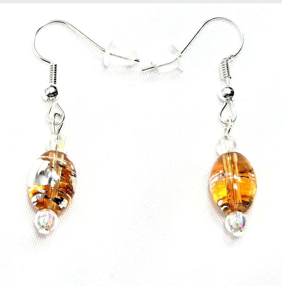 Handmade Handpainted Iridescent Amber Orange Murano Glass Drop Earrings