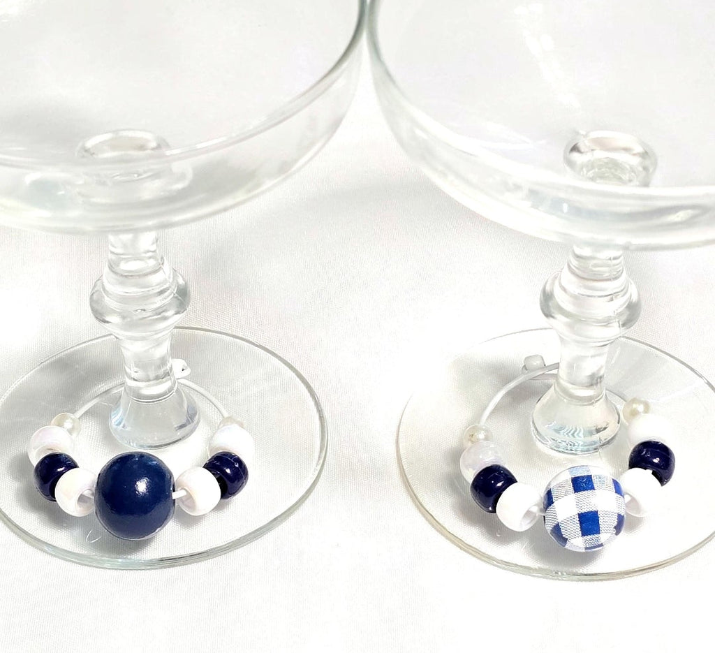 4 Blue and White Stripe Beach Nautical Coastal-themed Beaded Wine Glass Charms: Party or Bar Accessory