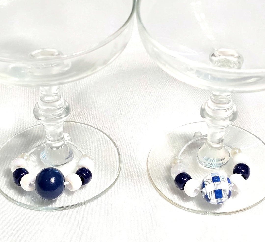 4 Blue and White Stripe Beach Nautical Coastal-themed Beaded Wine Glass Charms: Party or Bar Accessory