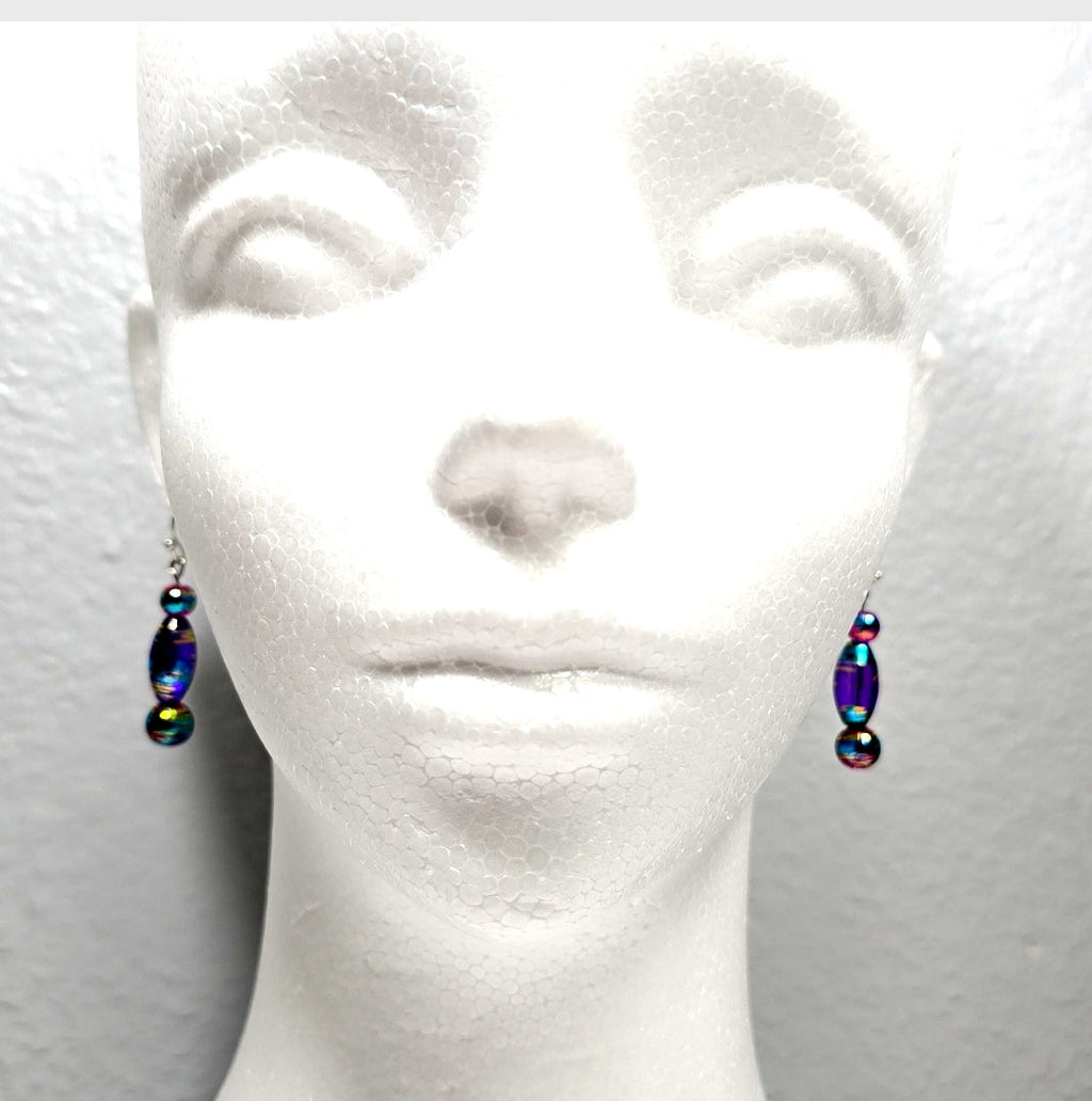 Multi-colored Purple Handpainted Murano Glass Drop Earrings with Gold Accents