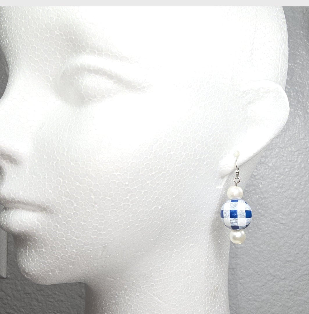 Handpainted Blue and White Gingham Wood Drop Dangling Bohemian Artistic Coastal Nautical Earrings