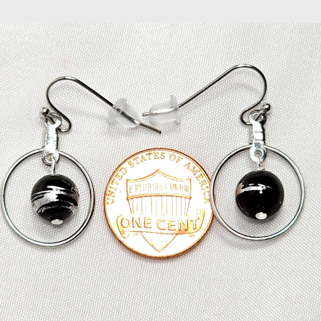 Handpainted Black Murano Glass Silver Hoop Drop Dangling Bohemian Artistic Earrings