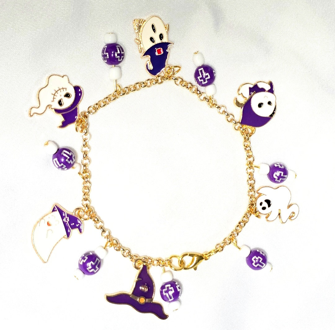 Fun Purple Ghost and Reaper Charm Beaded Bracelet: Halloween Aesthetic