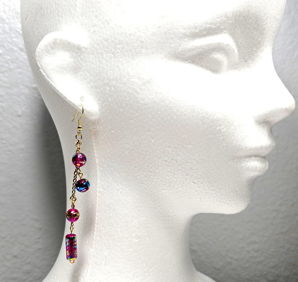 Handpainted Pink Murano Glass Drop Dangling Bohenian Artistic Earrings. One of a kind.