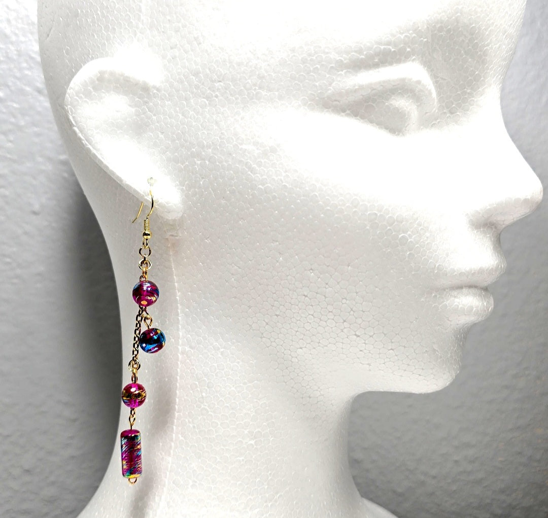 Handpainted Pink Murano Glass Drop Dangling Bohenian Artistic Earrings. One of a kind.