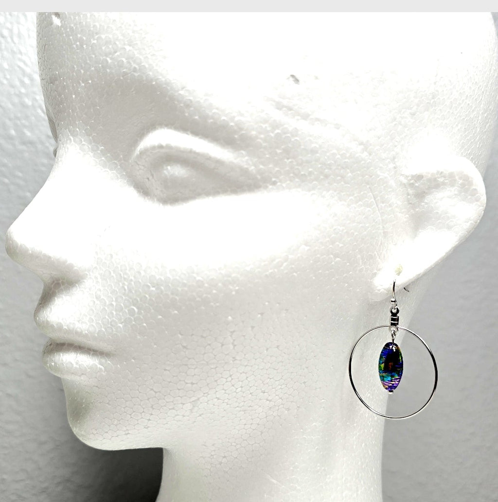 Handpainted Dichroic Blue Murano Glass Silver Hoop Drop Dangling Bohemian Artistic Earrings