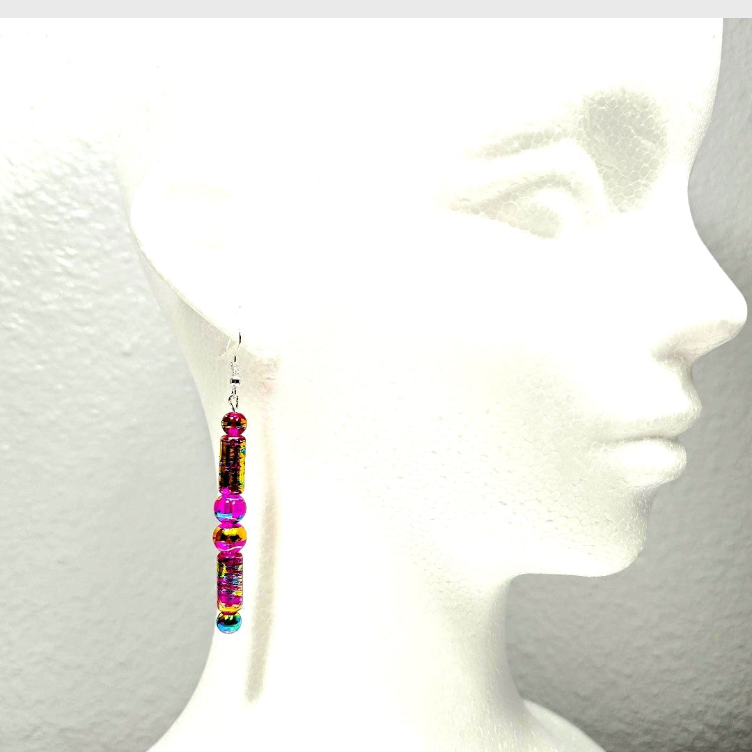Handpainted Vibrant Pink Fuchsia Murano Glass Drop Dangling Bohenian Artistic Earrings. One of a kind.