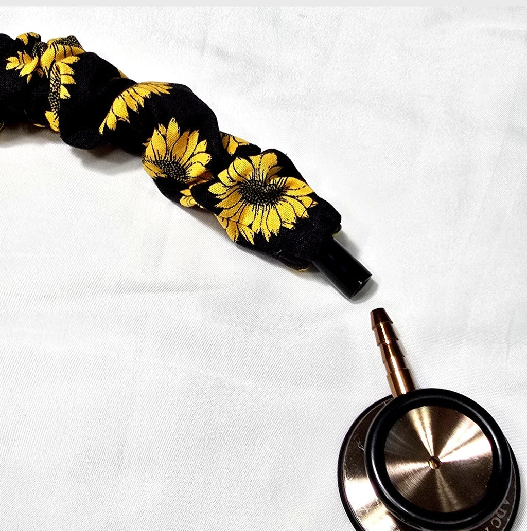 Sunflower Print Stethoscope Cover Scrunchie - Black & Yellow