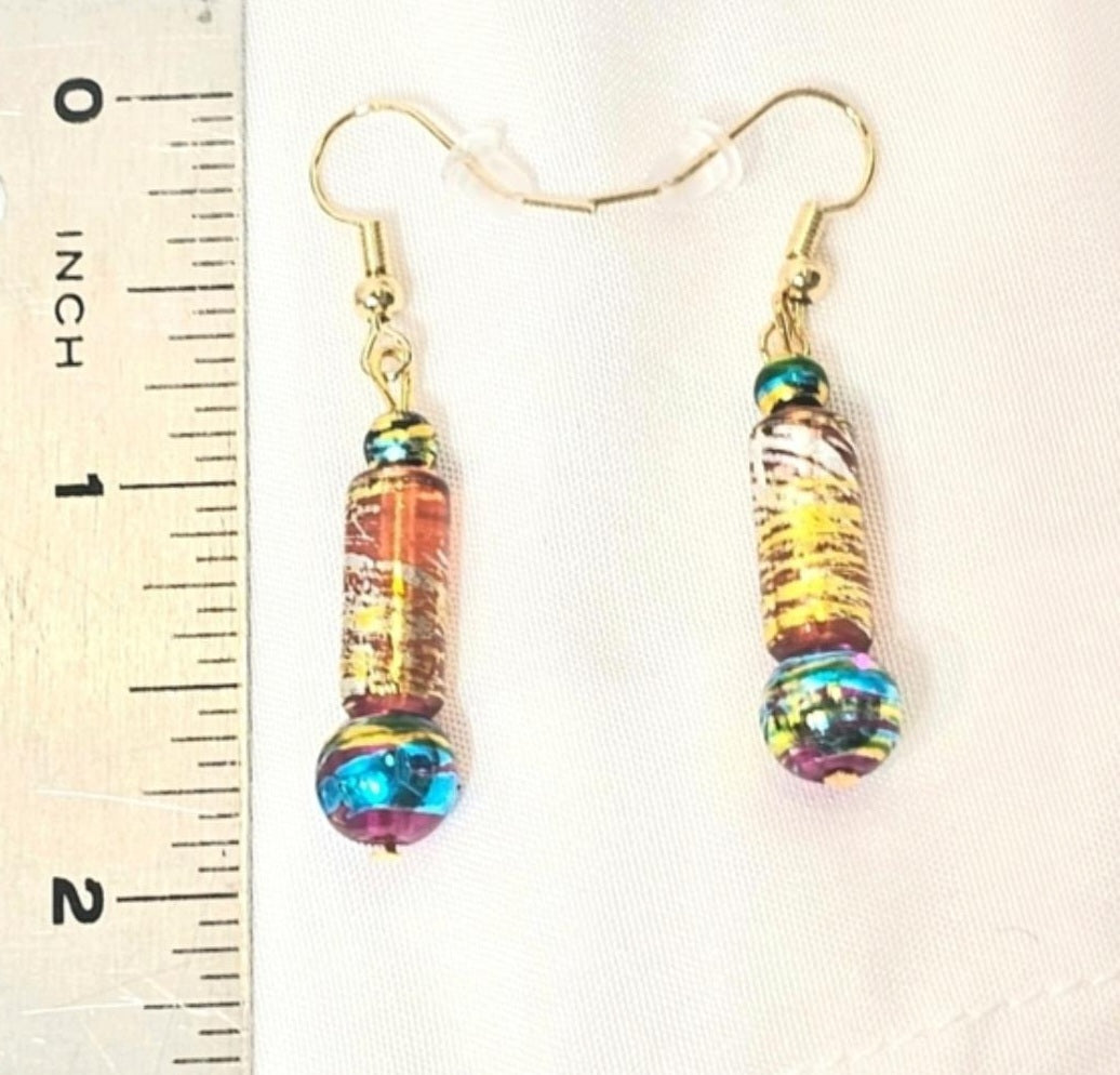 Mult-icolored Handpainted Murano Glass Drop Earrings with Gold Accents