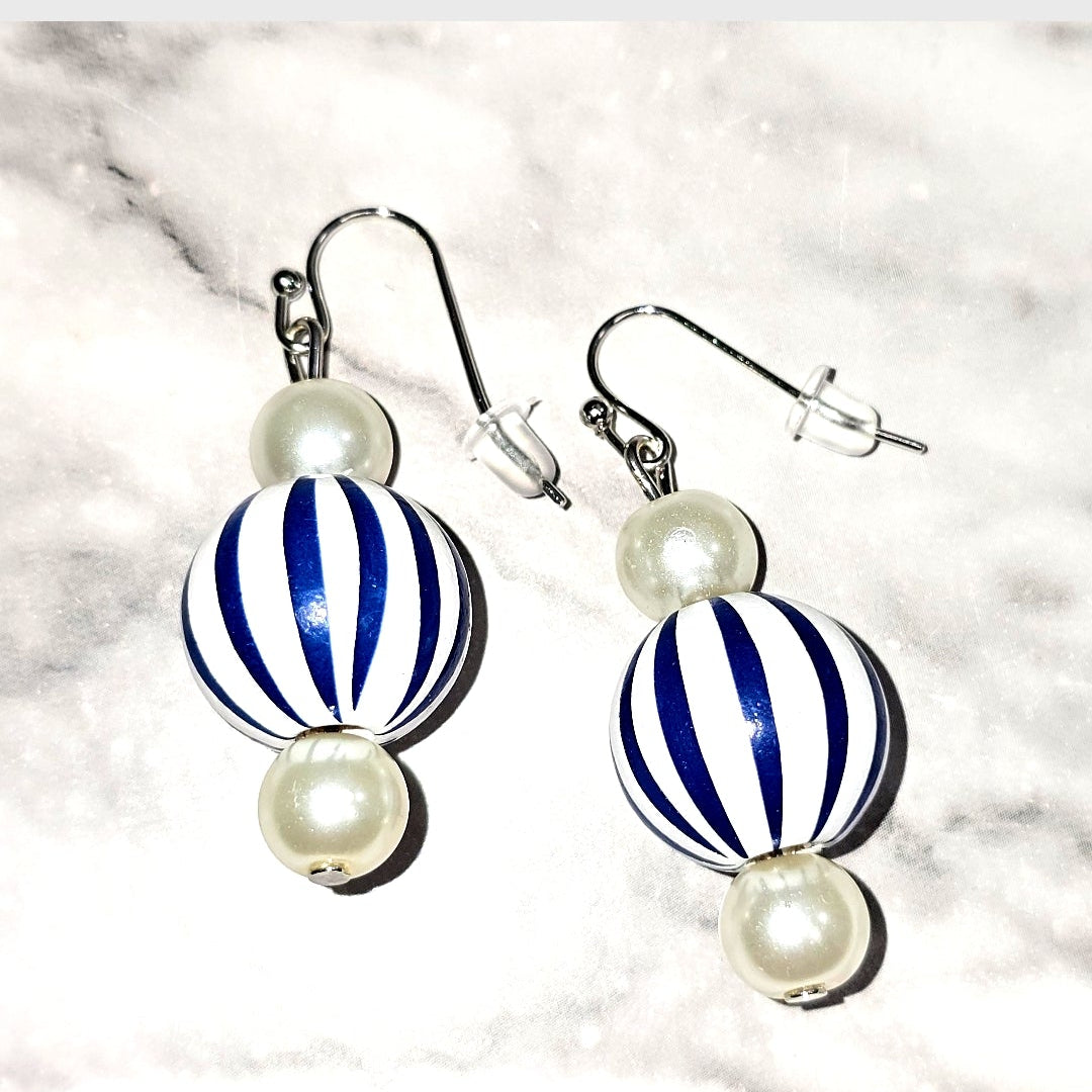 Handpainted Blue and White Stripe Wood Drop Dangling Bohemian Artistic Coastal Nautical Earrings