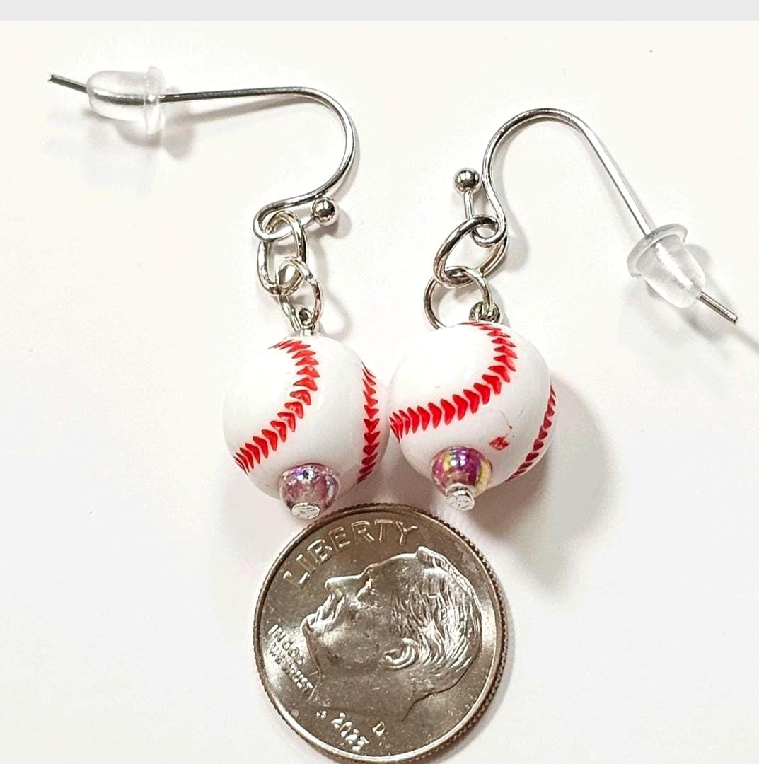 Baseball Acrylic Beaded Sporty Fasion Dangling Drop Earrings. Baseball player, fan, cheerleaders