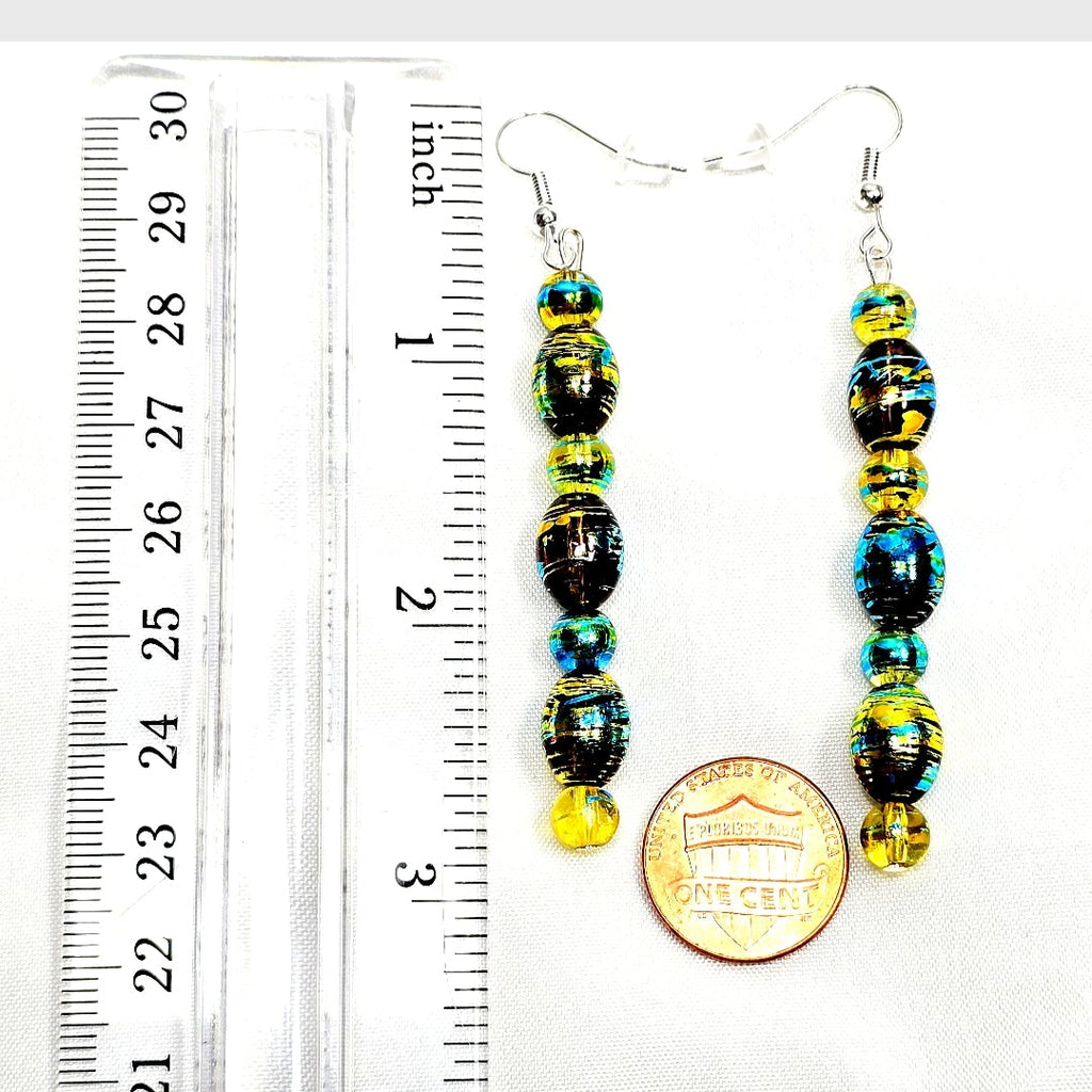 Handmade Handpainted Green Yellow Murano Glass Drop Earrings