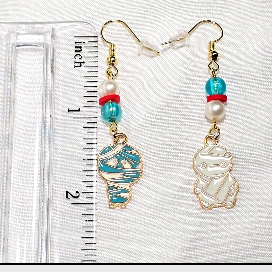 Mismatched Halloween  Whimsical Mummy Drop Earrings