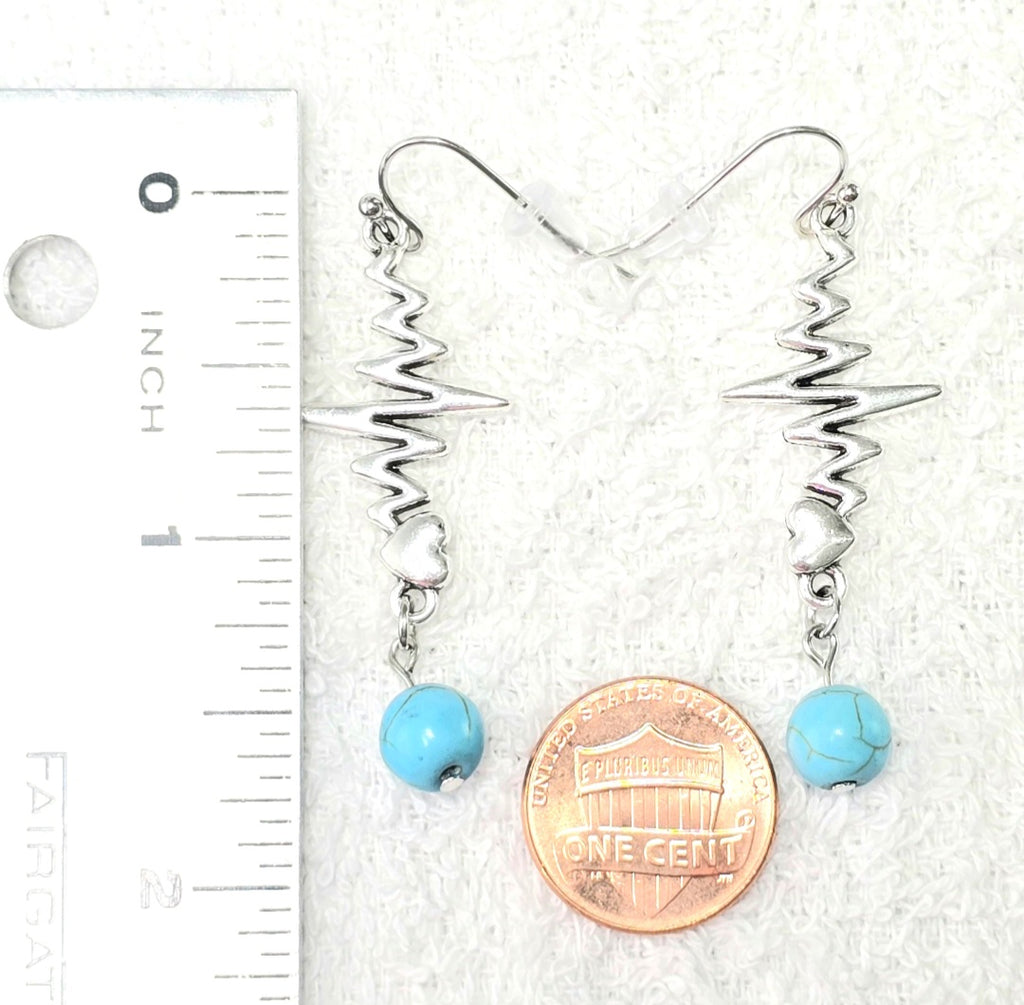 Nurse's Gift, Healthcare  Professionals: Heartbeat EKG Pulse Dangling Earrings with Blue Turquoise Bead