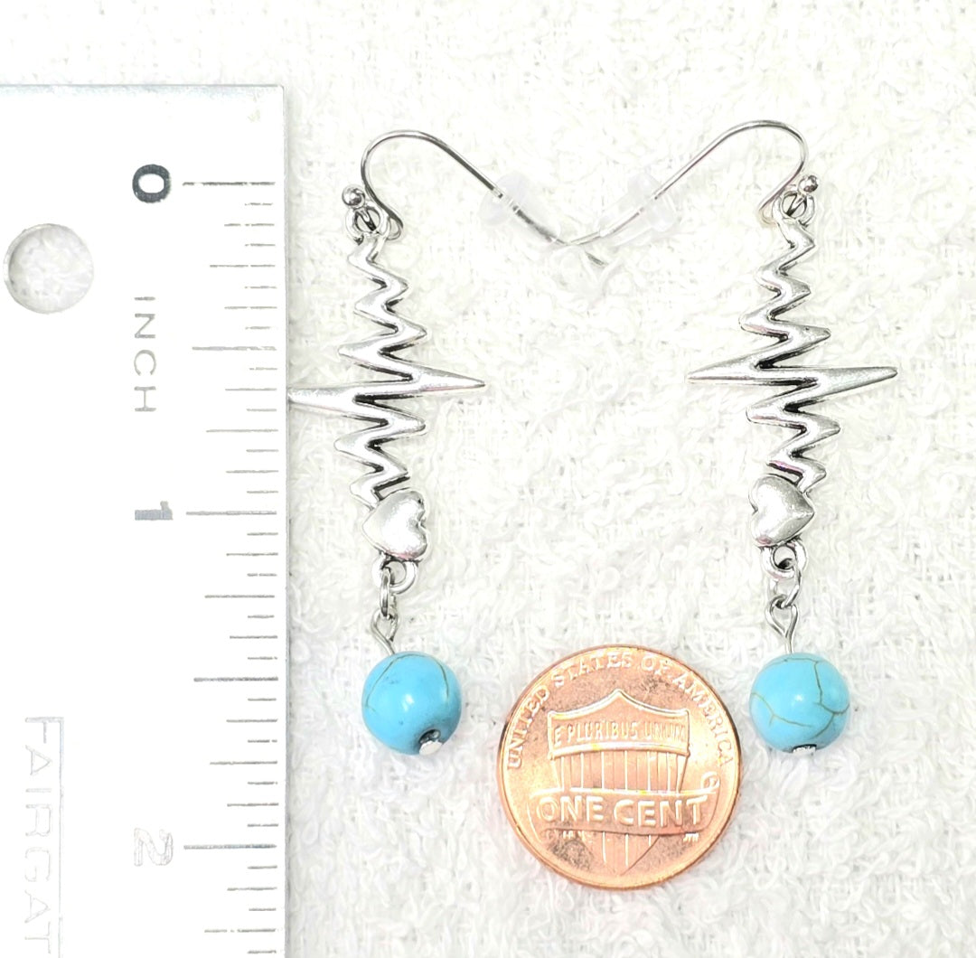 Nurse's Gift, Healthcare  Professionals: Heartbeat EKG Pulse Dangling Earrings with Blue Turquoise Bead