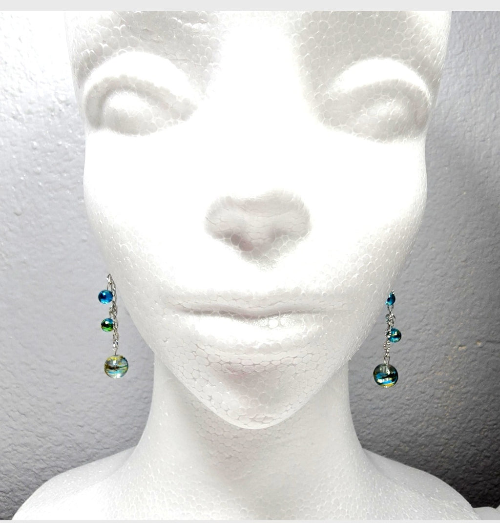 Handpainted Blue Murano Glass Drop Dangling Bohenian Artistic Earrings. One of a kind.