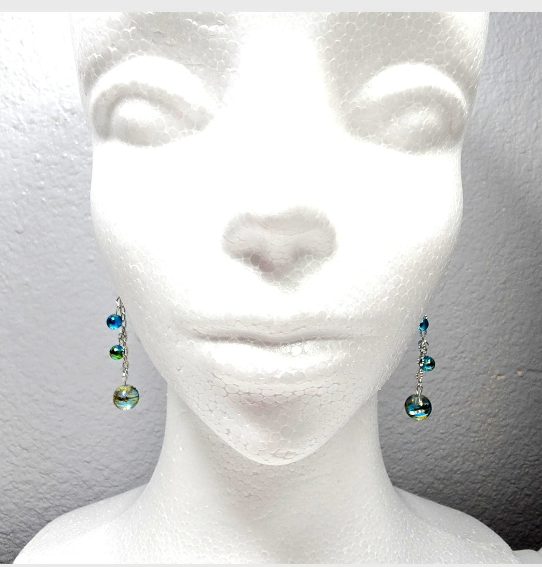 Handpainted Blue Murano Glass Drop Dangling Bohenian Artistic Earrings. One of a kind.