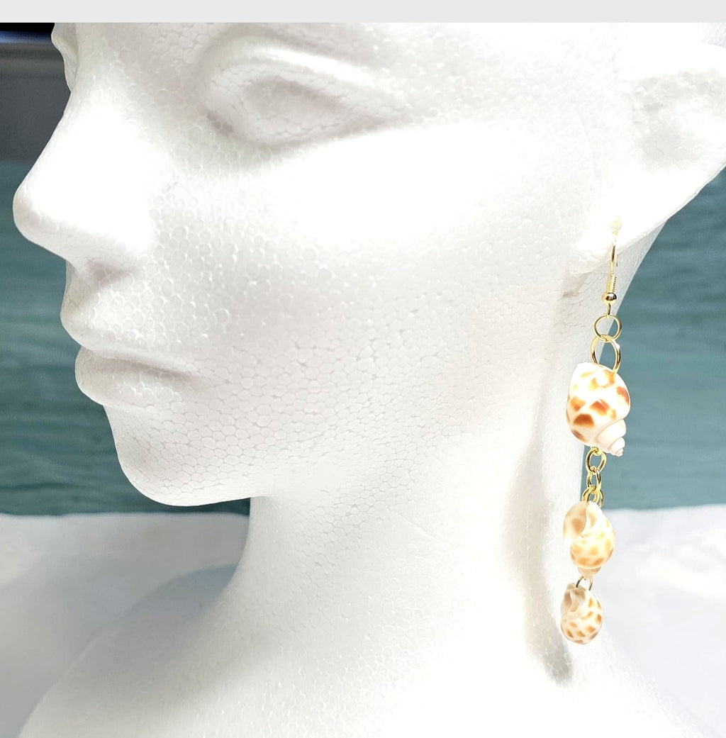 Natural shell earrings : coastal beach statement earrings with gold plated hooks and chains