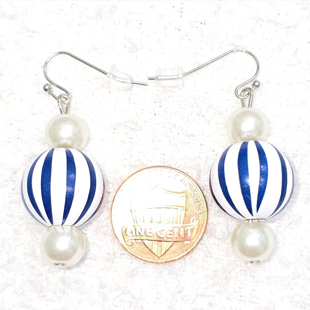Handpainted Blue and White Stripe Wood Drop Dangling Bohemian Artistic Coastal Nautical Earrings