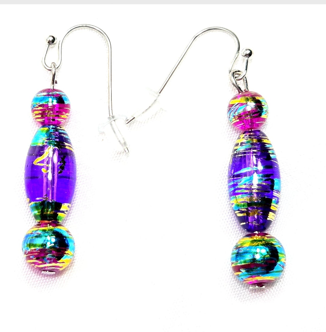 Multi-colored Purple Handpainted Murano Glass Drop Earrings with Gold Accents