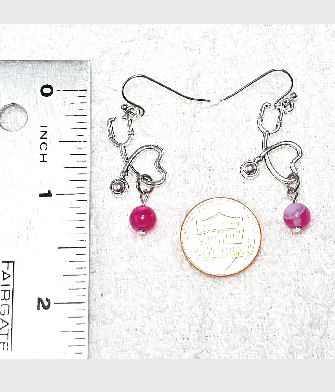 Dangling Earrings: Heartbeat  EKG, Stethoscope Design with Pink Agate Stone.. Nurse's Gift Idea under 50 dollars