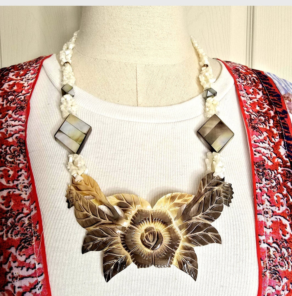 Natural Mother of Pearl Shell Boho Beachy Classic Statement Unique One of A Kind Chunky Necklace