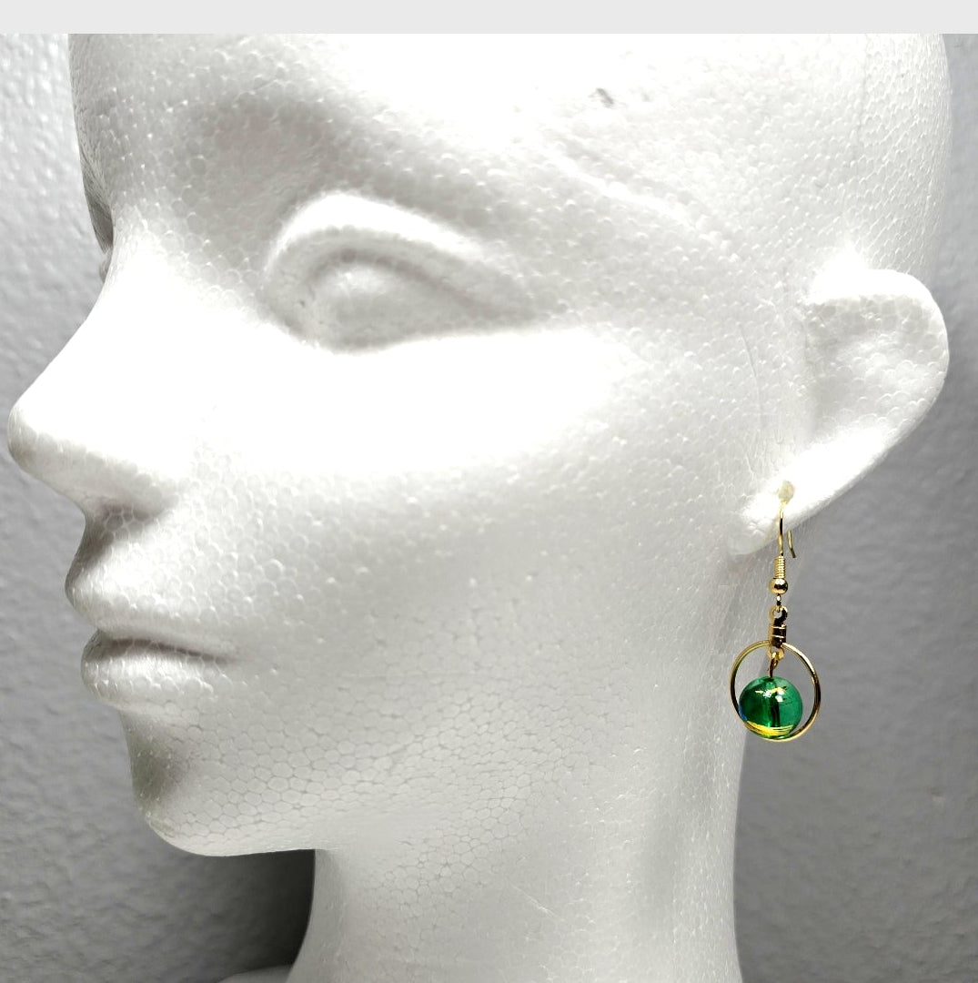 Handpainted Green Murano Glass Gold Hoop Drop Dangling Bohemian Artistic Earrings