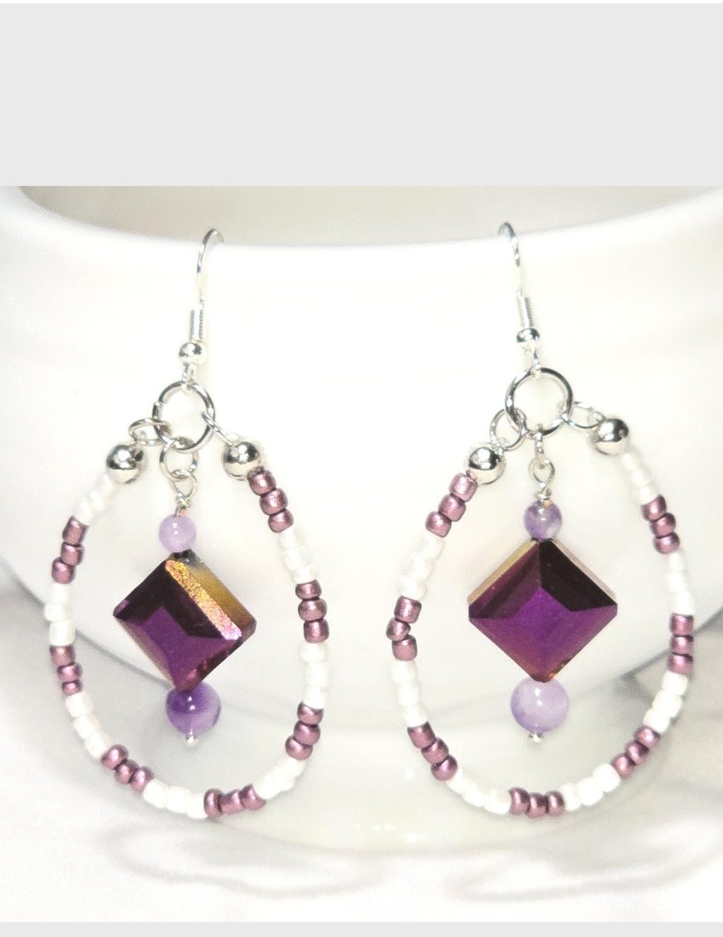 Handmade White and Purple Glass Beaded Teardrop Dangling Earrings : Artisan Unique Elegant Casual Boho-chic Eclectic, Amethyst
