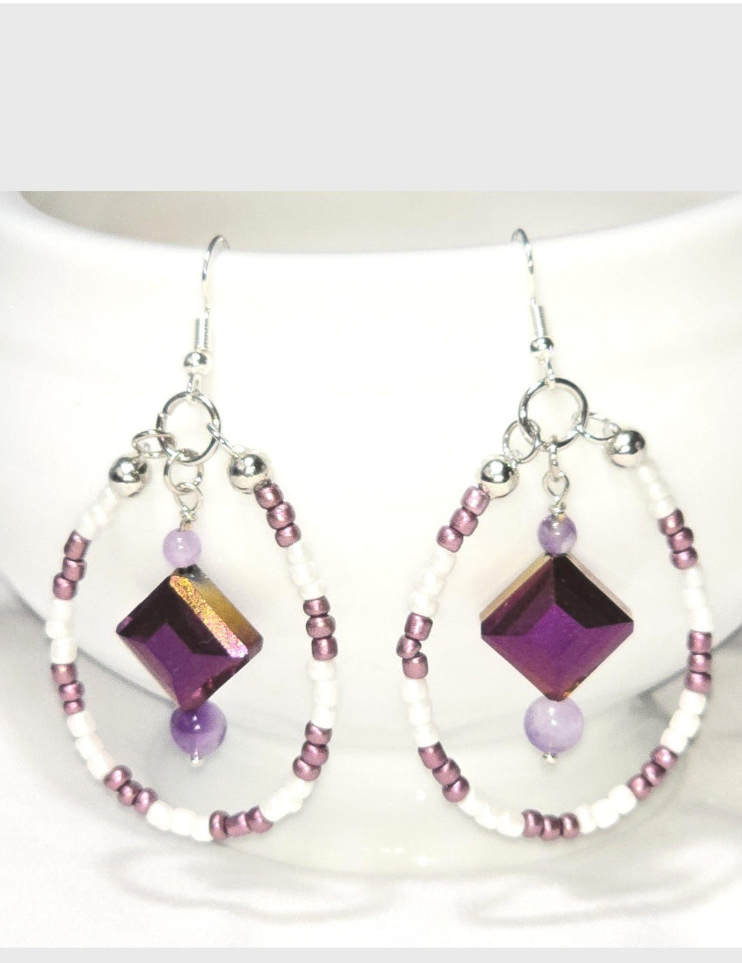 Handmade White and Purple Glass Beaded Teardrop Dangling Earrings : Artisan Unique Elegant Casual Boho-chic Eclectic, Amethyst