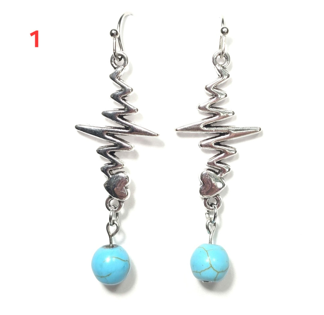 Nurse's Gift, Healthcare  Professionals: Heartbeat EKG Pulse Dangling Earrings with Blue Turquoise Bead