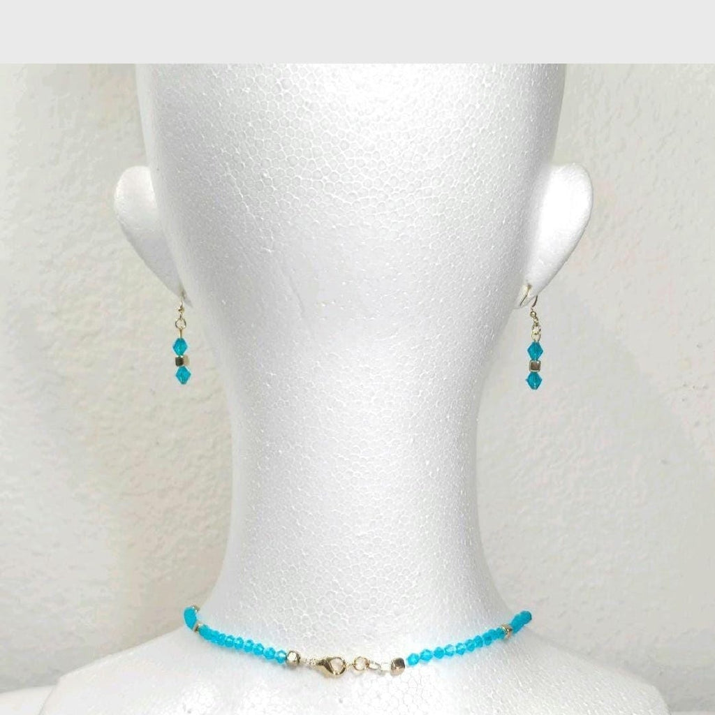 Aqua Blue Czech Crystal Glass Beads Dainty Simple Minimalist  Necklace Earrings Jewelry Set