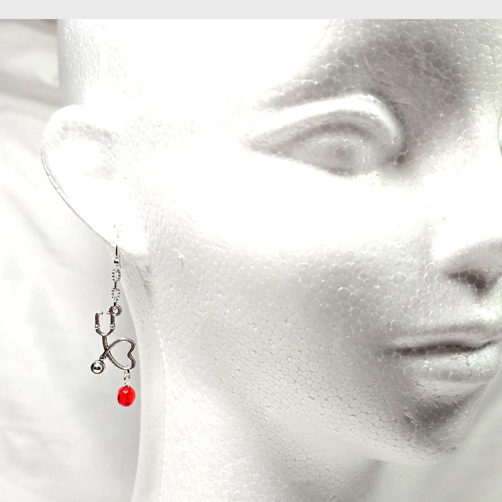 Silver Tone Stethoscope Dangling Earrings with Red Glass Bead: Nurse's Gift, Medical Professionals