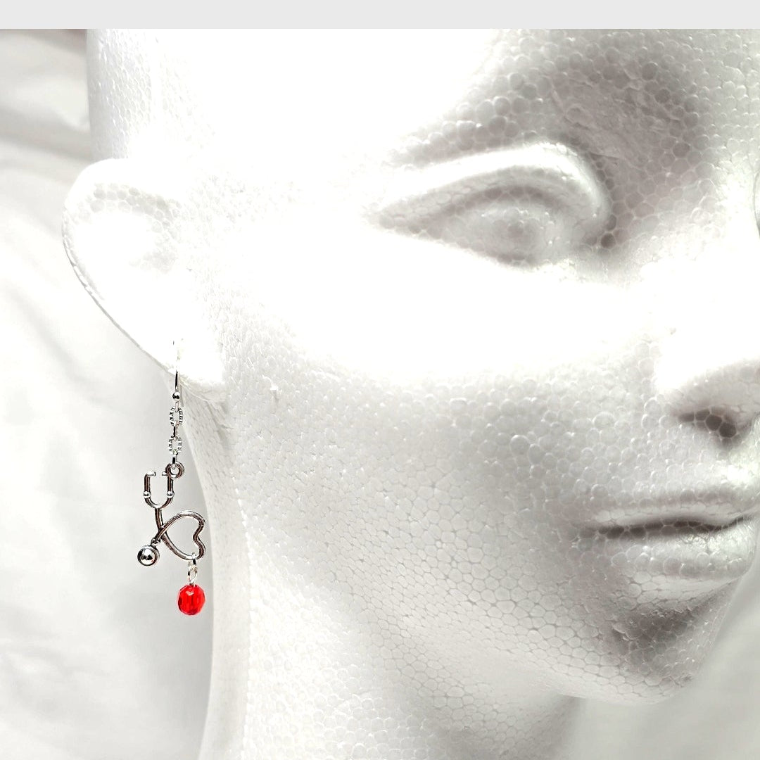 Silver Tone Stethoscope Dangling Earrings with Red Glass Bead: Nurse's Gift, Medical Professionals