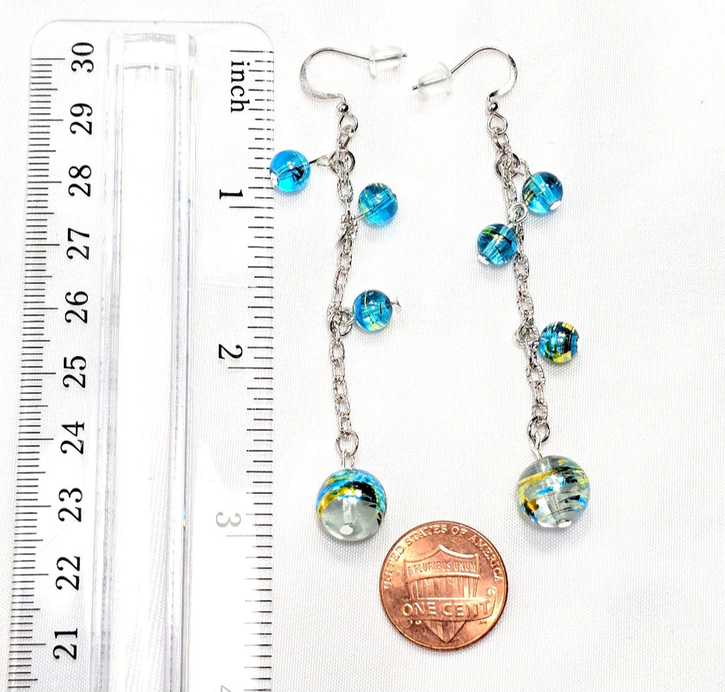 Handpainted Blue Murano Glass Drop Dangling Bohenian Artistic Earrings. One of a kind.