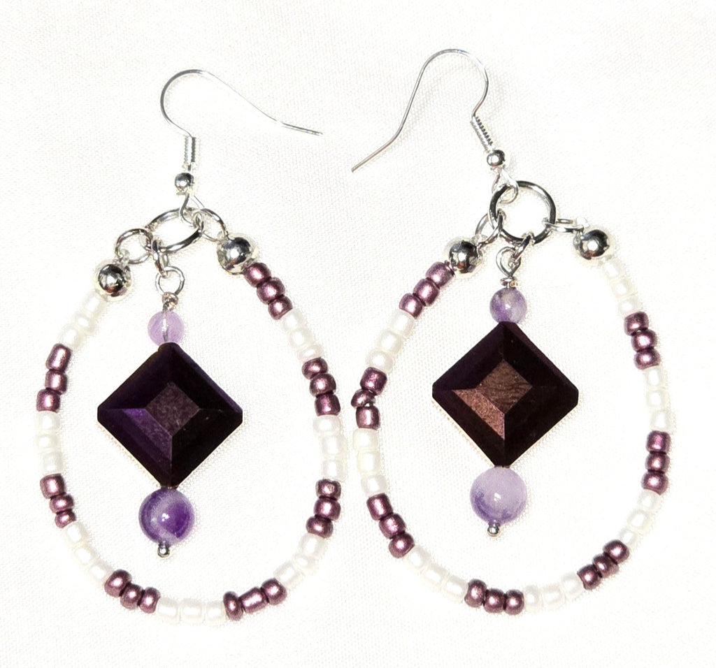 Handmade White and Purple Glass Beaded Teardrop Dangling Earrings : Artisan Unique Elegant Casual Boho-chic Eclectic, Amethyst
