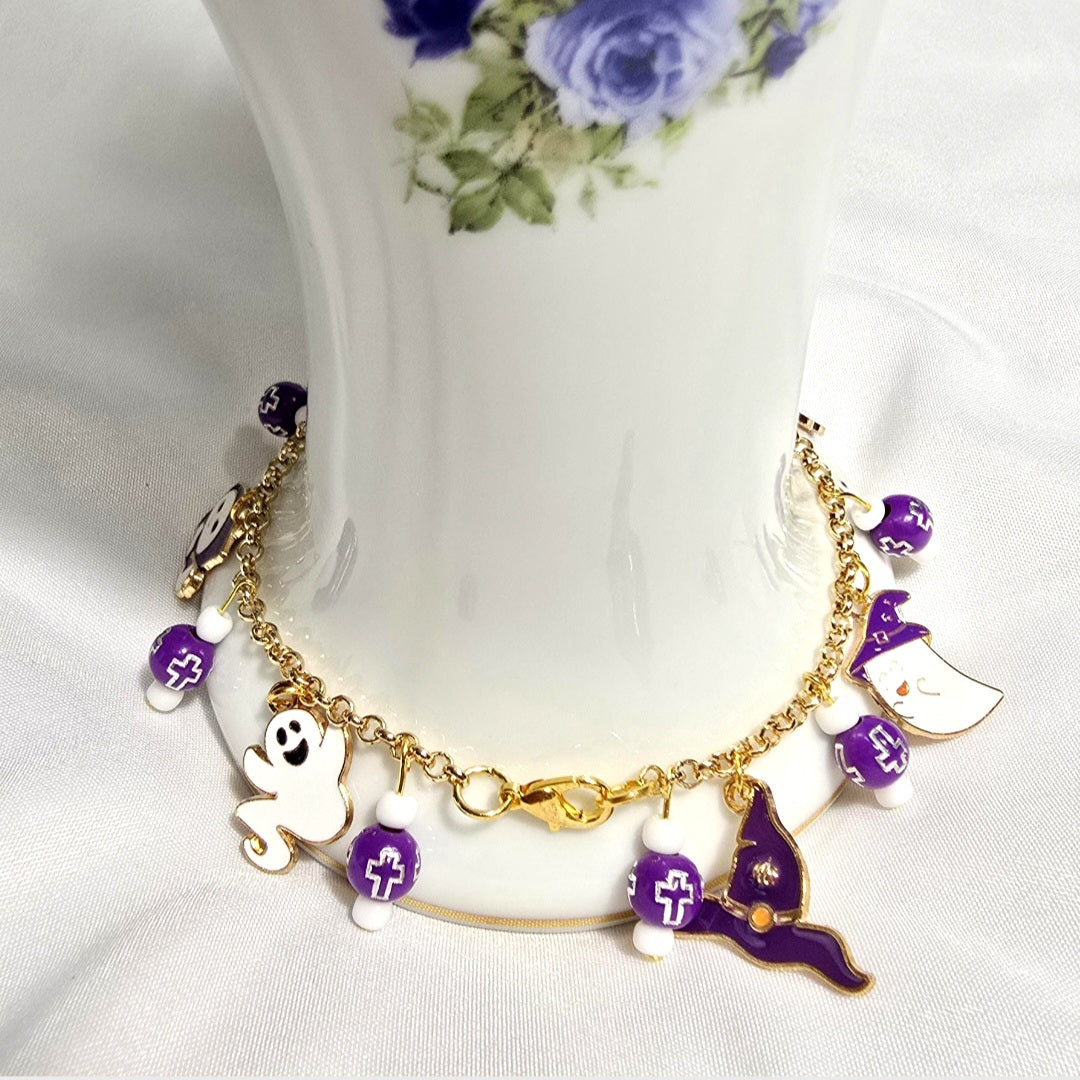 Fun Purple Ghost and Reaper Charm Beaded Bracelet: Halloween Aesthetic