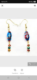 Multi-colored Blue Handpainted Murano Glass Drop Earrings with Gold Accents