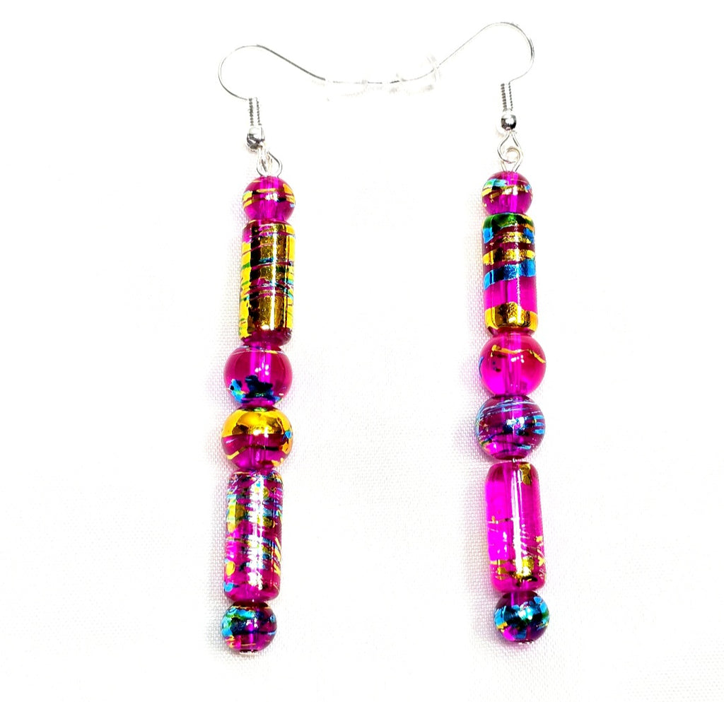 Handpainted Pink Murano Glass Drop Dangling Bohenian Artistic Earrings. One of a kind.