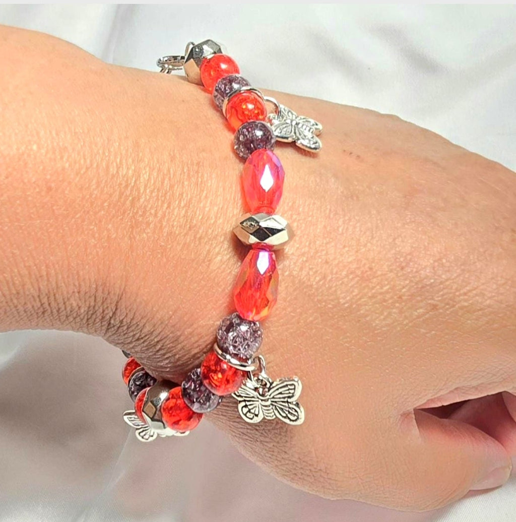Gothic Butterfly Charmed bracelet: Handmade Red and Black Beaded Bracelet