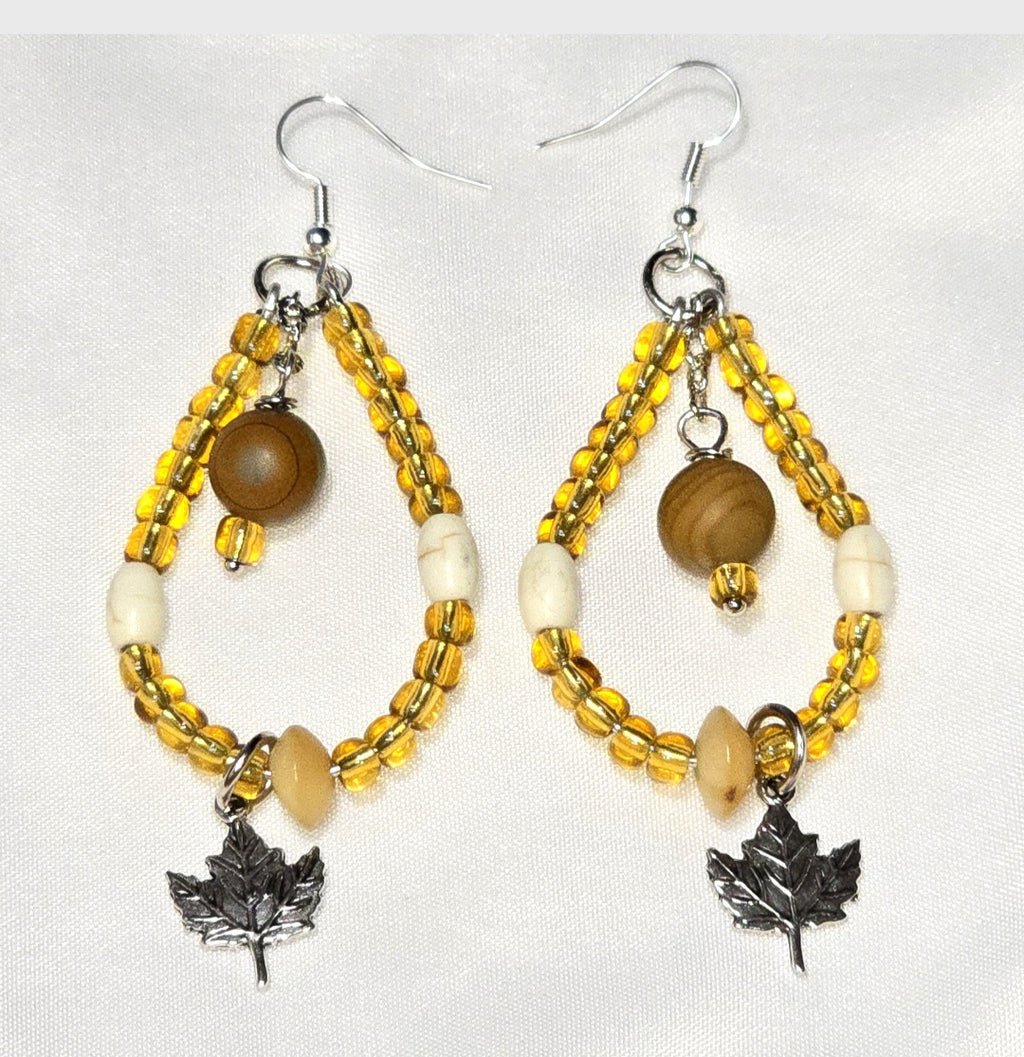 Handmade fall Nature Inspired Boho  Glass Amber Yellow  Beaded Teardrop Loop Dangle Earrings: Warm, Earthy Tone Color