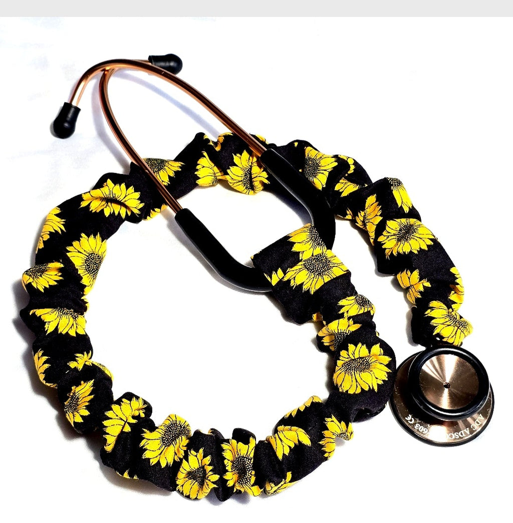Sunflower Print Stethoscope Cover Scrunchie - Black & Yellow