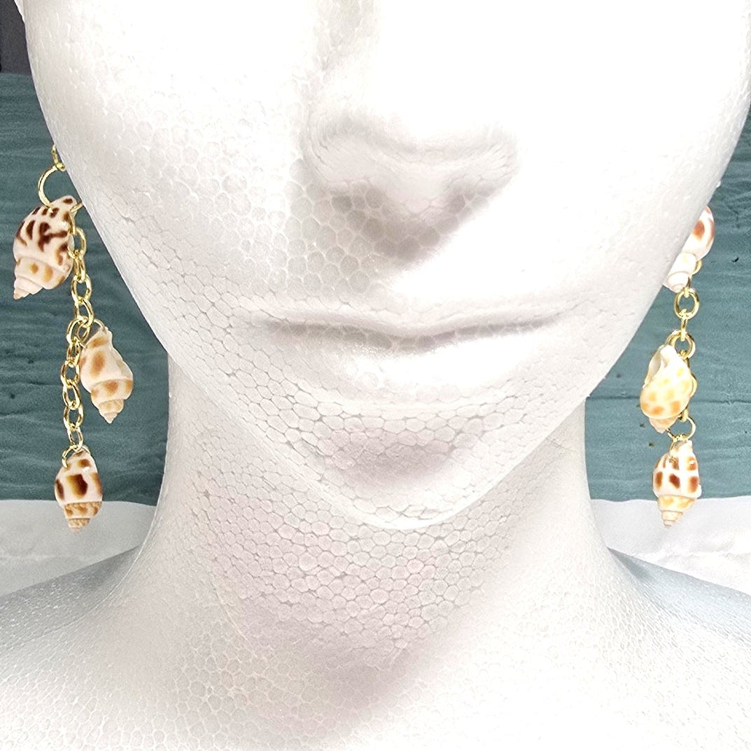 Natural shell earrings : coastal beach statement earrings with gold plated hooks and chains