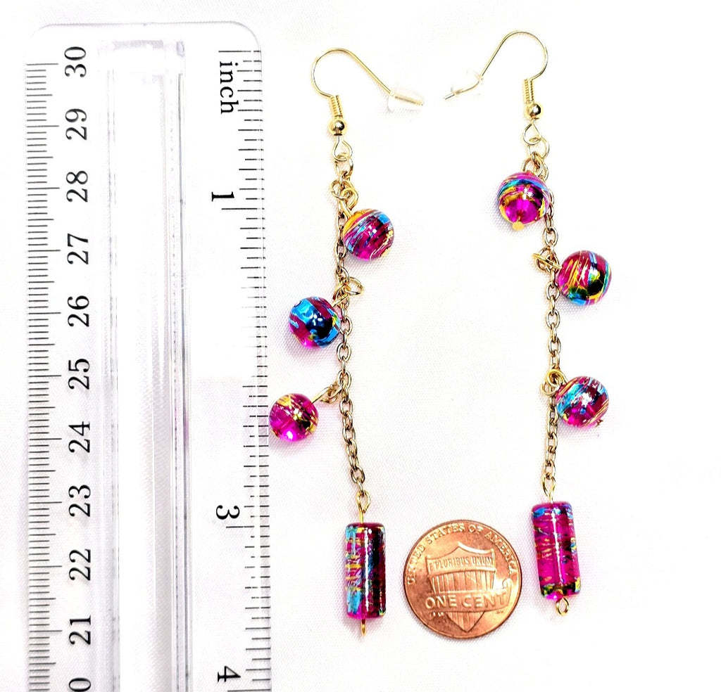 Handpainted Pink Murano Glass Drop Dangling Bohenian Artistic Earrings. One of a kind.