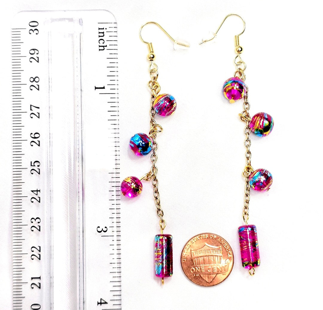 Handpainted Pink Murano Glass Drop Dangling Bohenian Artistic Earrings. One of a kind.