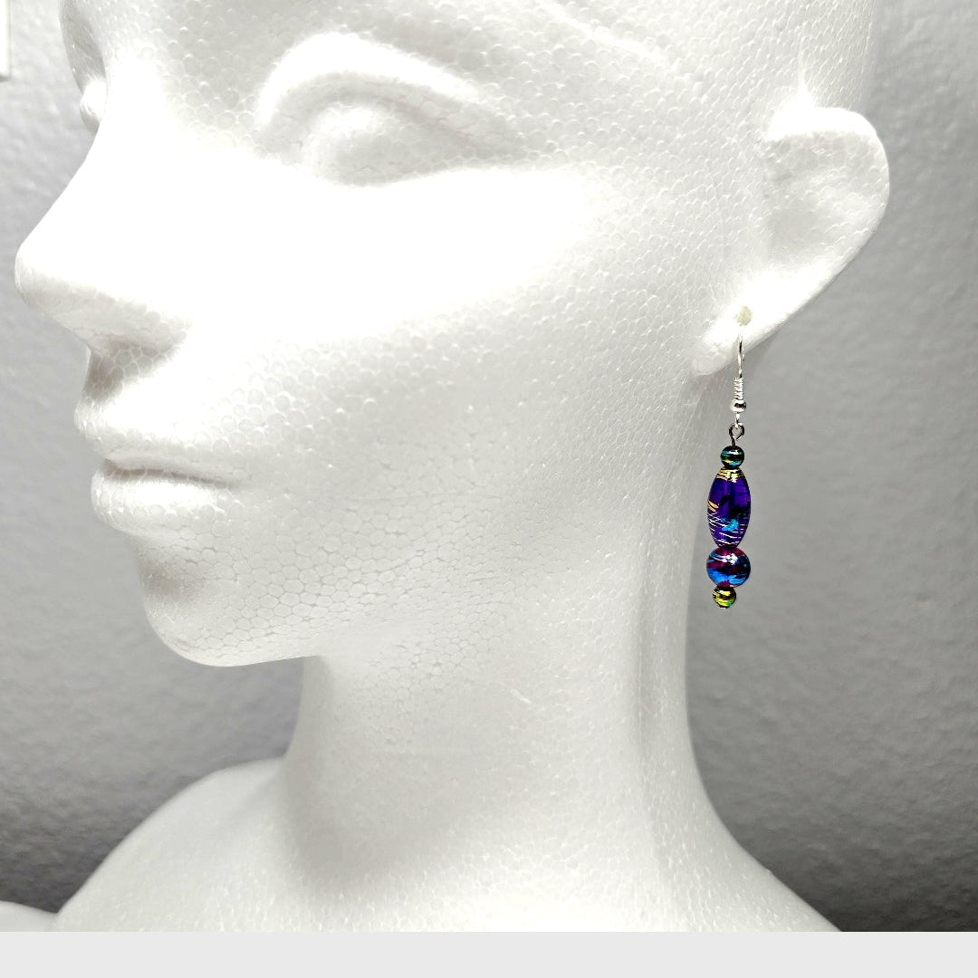 Multi-colored Purple Handpainted Murano Glass Drop Earrings with Gold Accents