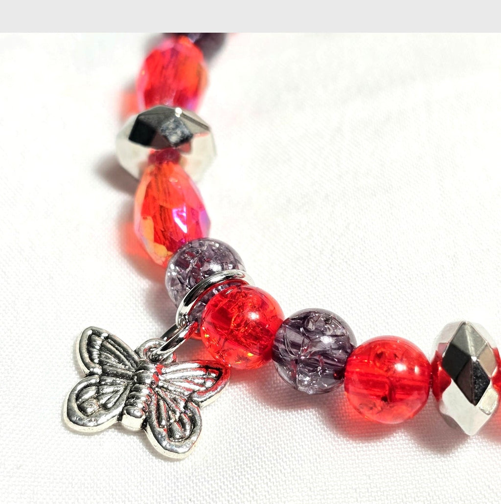 Gothic Butterfly Charmed bracelet: Handmade Red and Black Beaded Bracelet