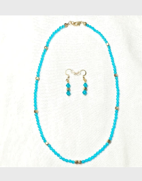 Aqua Blue Czech Crystal Glass Beads Dainty Simple Minimalist  Necklace Earrings Jewelry Set
